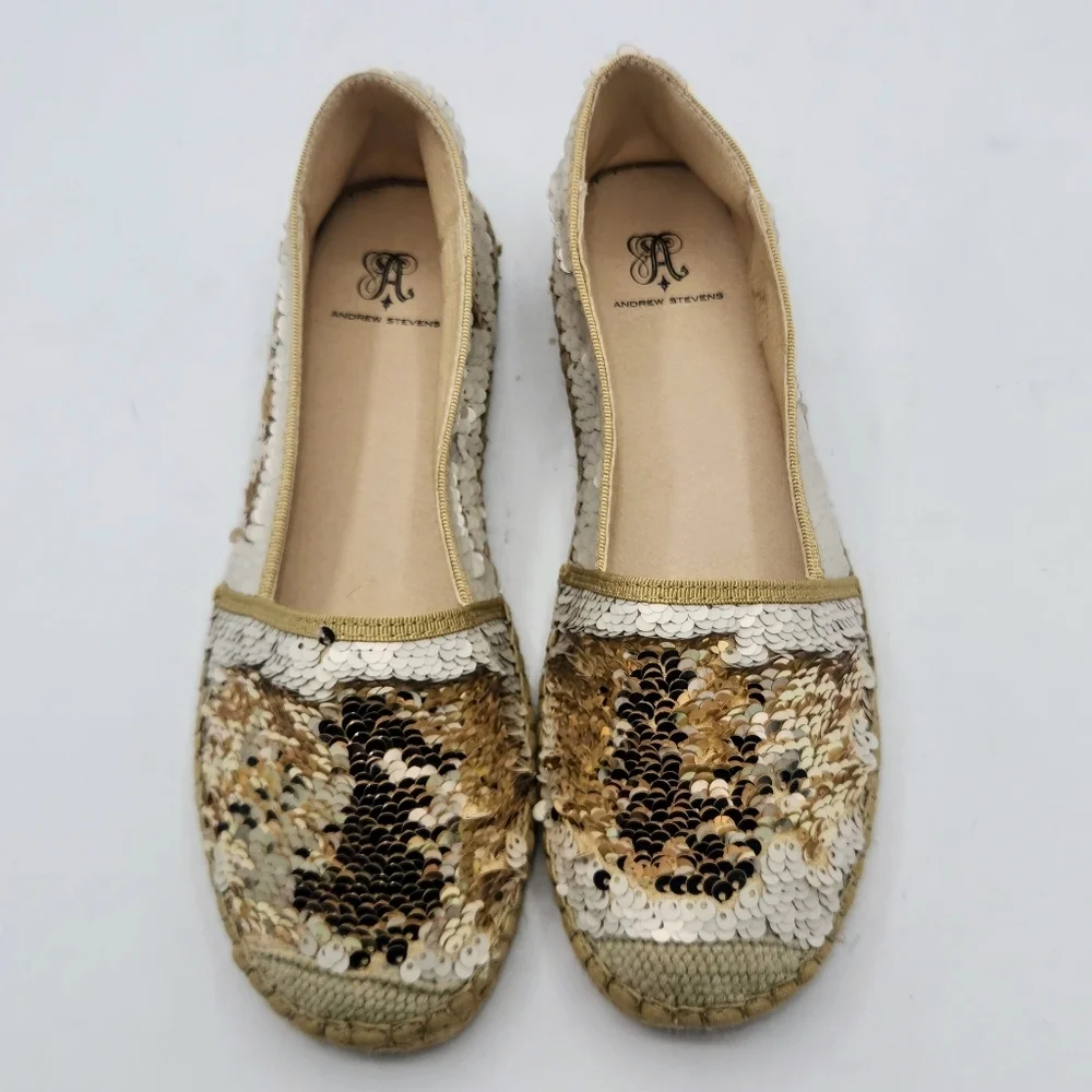 ANDREW STEVENS Chiara Leather Sequins Espadrilles Flats Gold And Cream 37 / 6.5